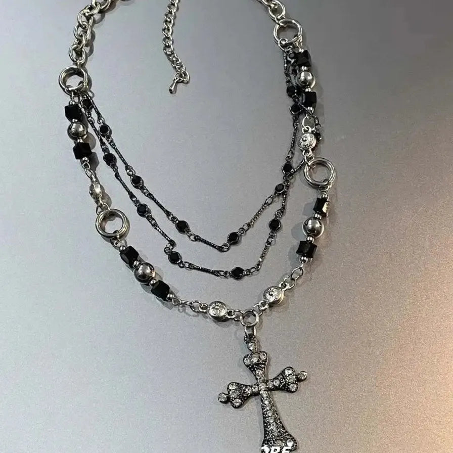 Punk Hiphop Black Cross Pendant Necklace Y2K Gothic Rhinestone Jewelry