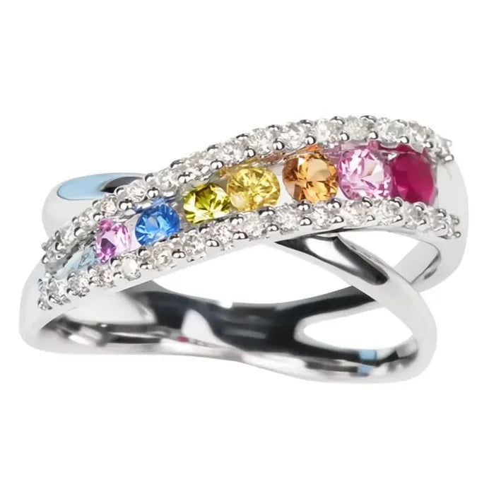 Rainbow Cubic Zirconia Brass Cross Ring for Women Wedding Engagement