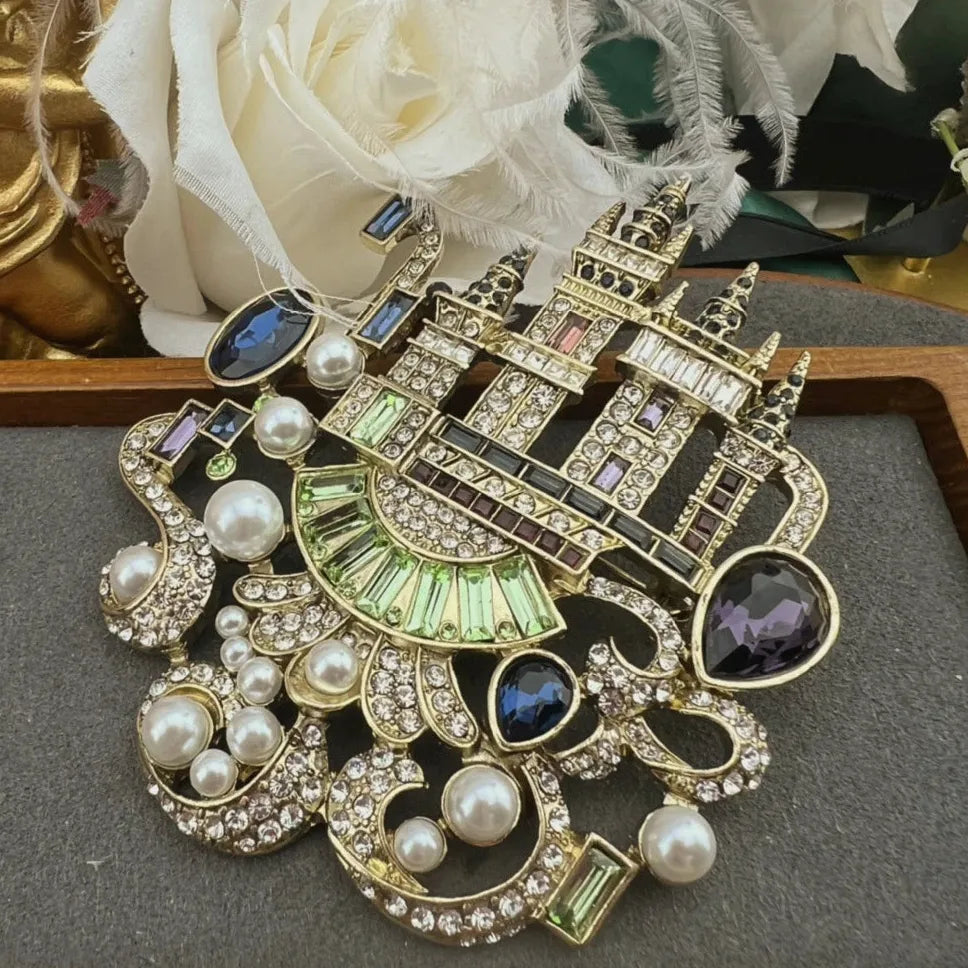 Vintage Pink Castle Palace Crystal Rhinestone Brooch Pin for Women