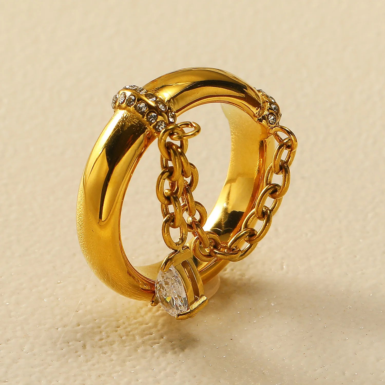 18K Gold Plated Stainless Steel CZ Chain Link Ring Women Waterproof Retro Jewelry