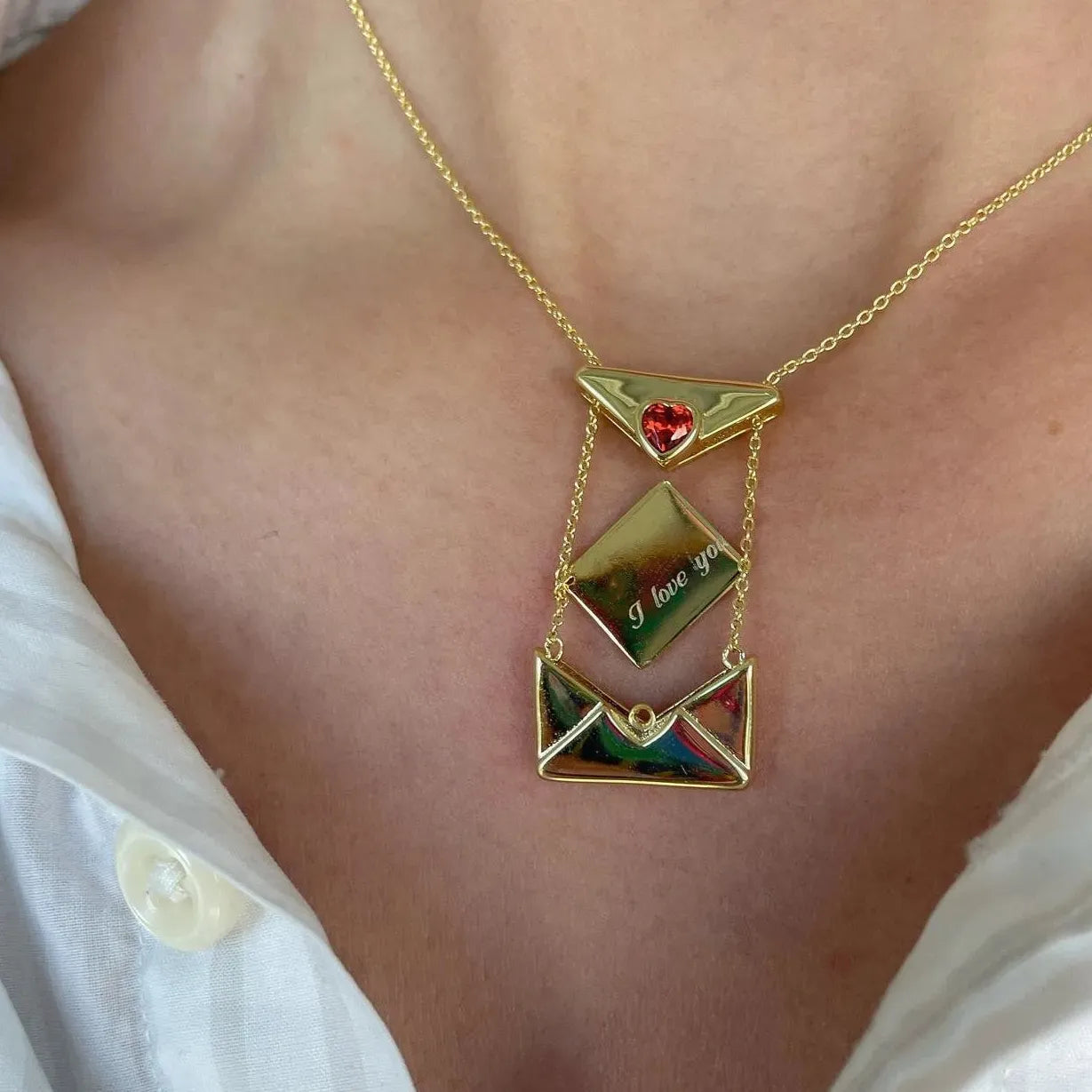 Vintage Heart Zircon I Love You Square Metal Pendant Openable Envelope Necklace Stainless Steel Choker Jewelry