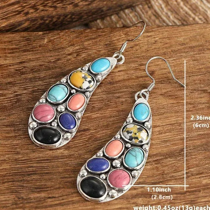 Bohemian Retro Ethnic Long Drop Earrings Green Stone Zinc Alloy Jewelry