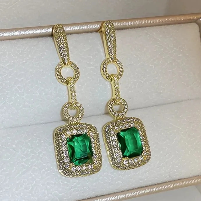 Luxury Gold Green Cubic Zirconia Geometric Long Brass Earrings for Women