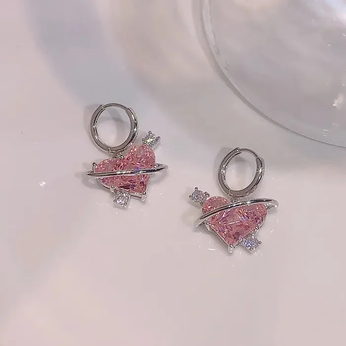 Pink Heart Crystal Necklace & Earrings Set Zinc Alloy Kpop Jewelry Gift