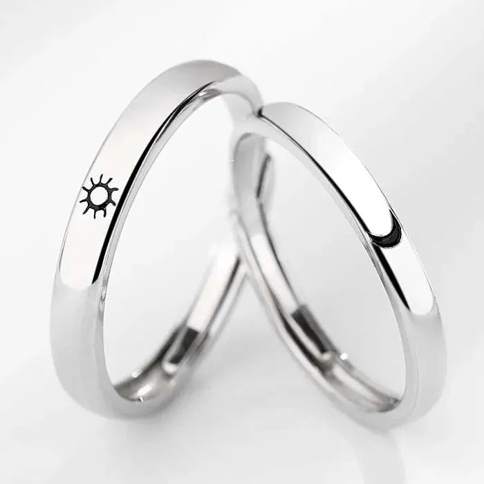 2Pcs Adjustable Silver Sun Moon Couple Heart Rings Set Gift Jewelry