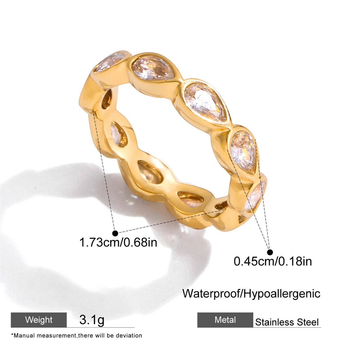 18K Gold Plated Stainless Steel Green Zircon Water Drop Ring for Women