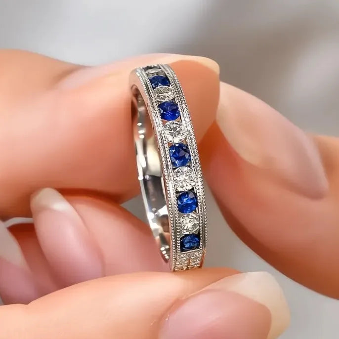 Blue White Cubic Zirconia Brass Eternity Wedding Band Ring for Women