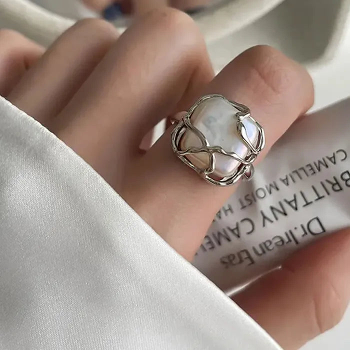 Adjustable Vintage White Pearl Double Layer Geometric Crystal Mood Tracker Ring for Women