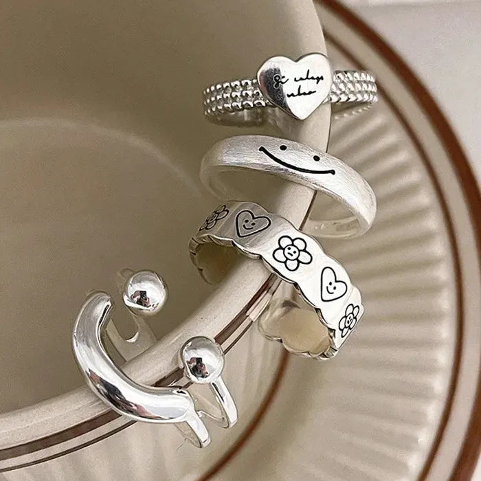 Adjustable Silver Smile Shape Ring for Women Vintage Jewelry Gift Fashion