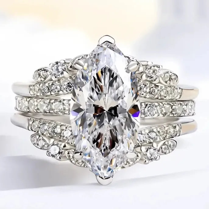 2Pcs Women’s Silver Brass Rings Set with CZ Inlay for Wedding & Party Gift