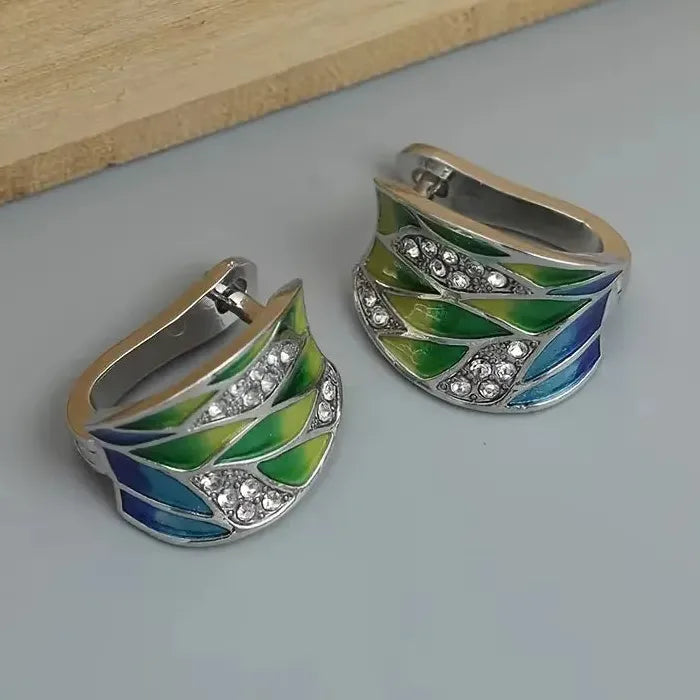 Elegant Leaf Print Drop Earrings with Zircon Silver Bohemian Jewelry for Women
