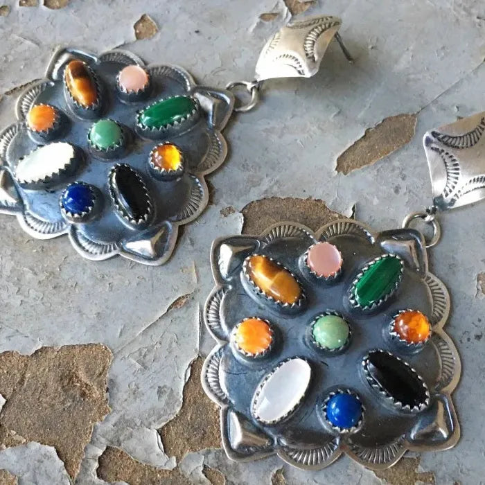 Retro Ethnic Style Antique Silver Drop Earrings with Colorful Gemstones, Lightweight Zinc Alloy