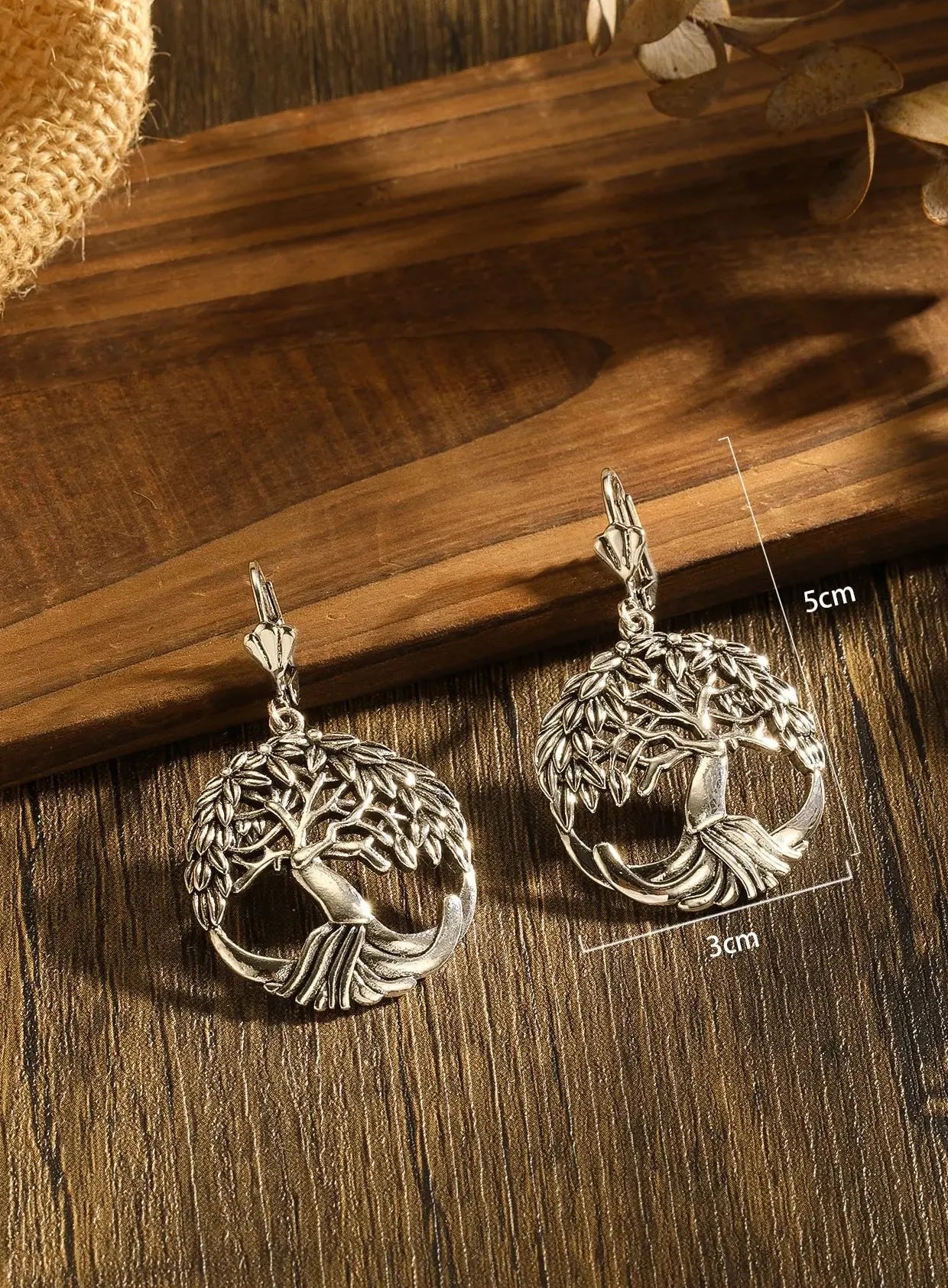 Silver Retro Round Tree Pendant Necklace and Earrings Set for Women Jewelry Gift