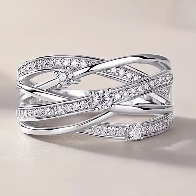 Geometric Multi-layer Brass Ring with Bright CZ for Women Wedding Party
