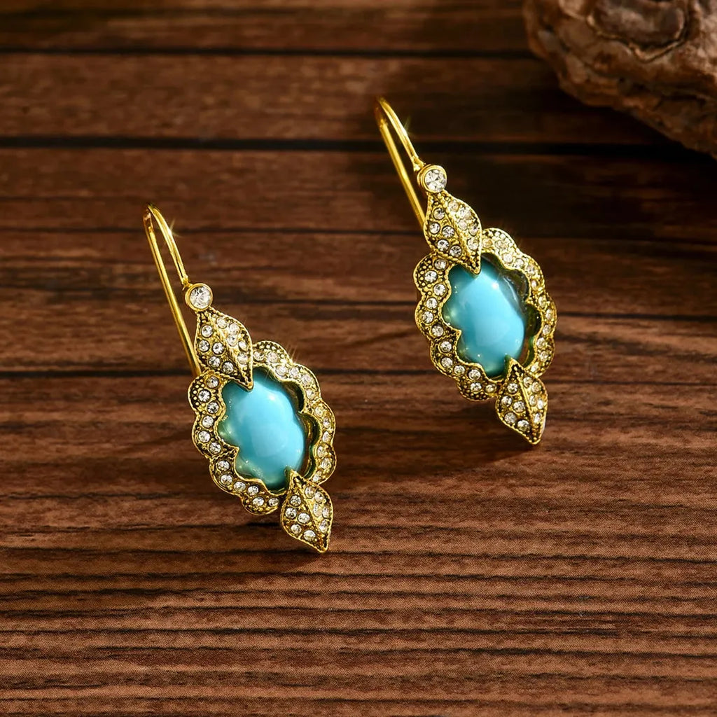Vintage Blue Stone Bohemian Women's Earrings Zinc Alloy Carved Flower Pendant Jewelry