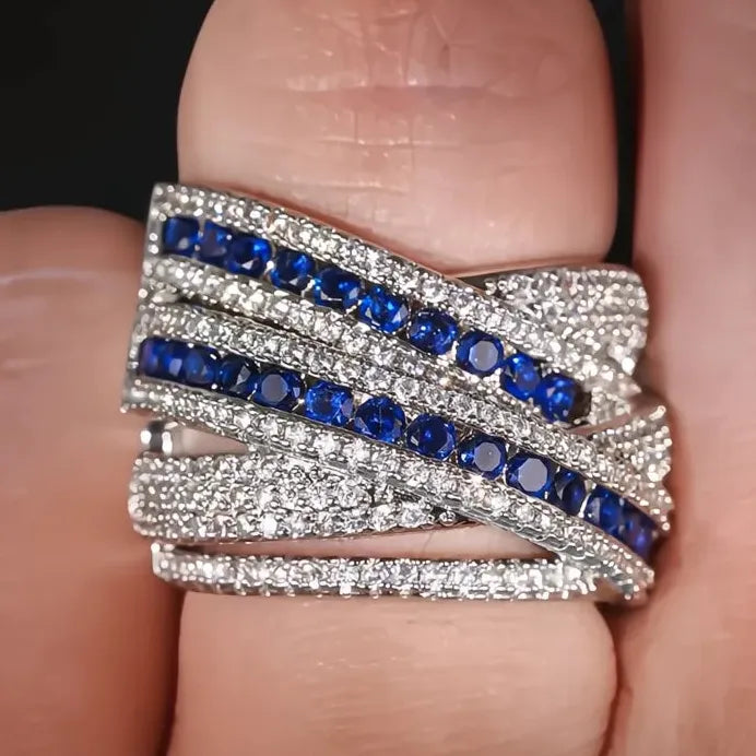 Geometric Cross Women’s Ring with Blue & White CZ for Wedding Party