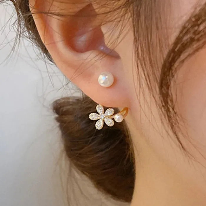 Pearl Rhinestone Flower Drop Earrings Zinc Alloy Crystal Jewelry Light Luxury