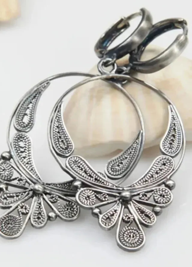 Silver Metal Dragonfly Earrings Vintage Hollow Dangle Zinc Alloy for Women