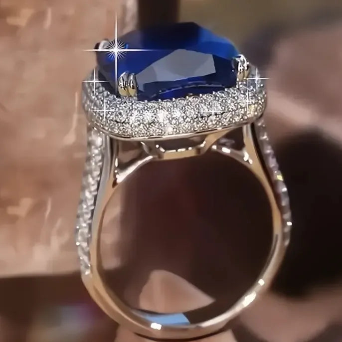Brass Geometric Cocktail Ring with Blue Cubic Zirconia Wedding Gift