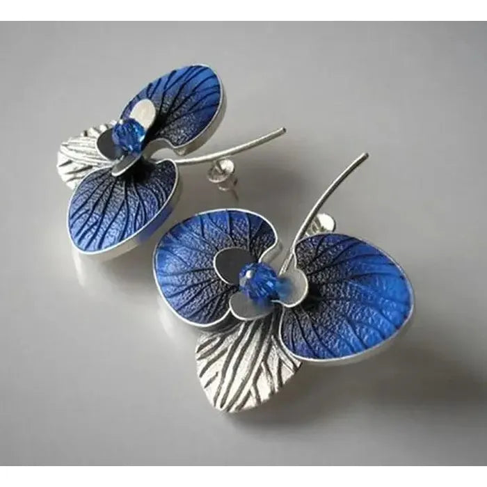 Blue Leaf Flower Stud Earrings for Women Zinc Alloy Blue Zircon Enamel Jewelry