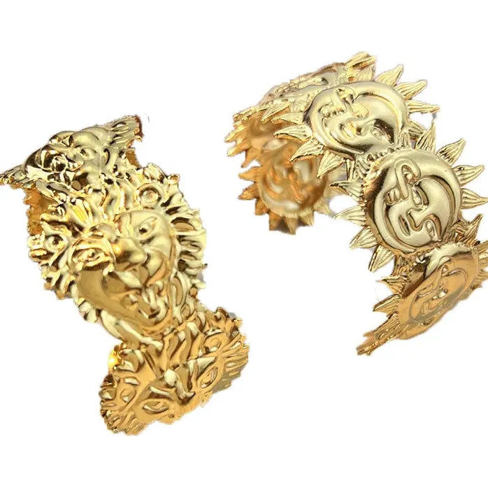 Gold Plated Stainless Steel Punk Sun Lion Geometric Cuff Bracelet Unisex