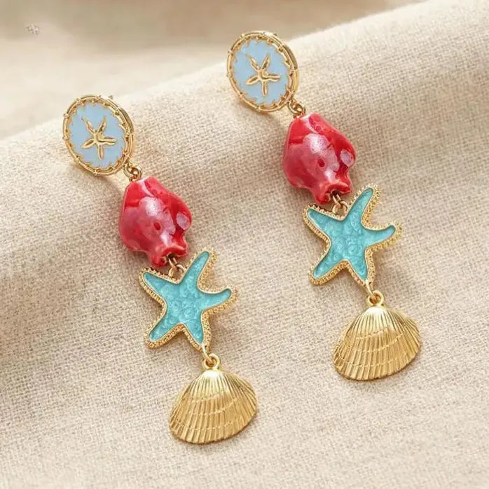 Boho Ceramic Sea Star Shell Fish Drop Earrings for Women Beach Jewelry Vacation