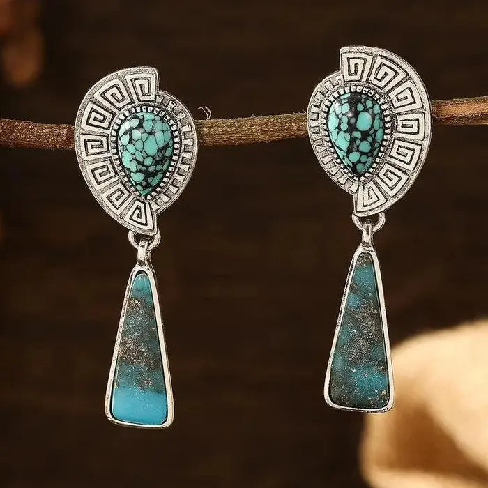 Bohemian Zinc Alloy Drop Earrings Geometric Blue Stone Ethnic Style Gift