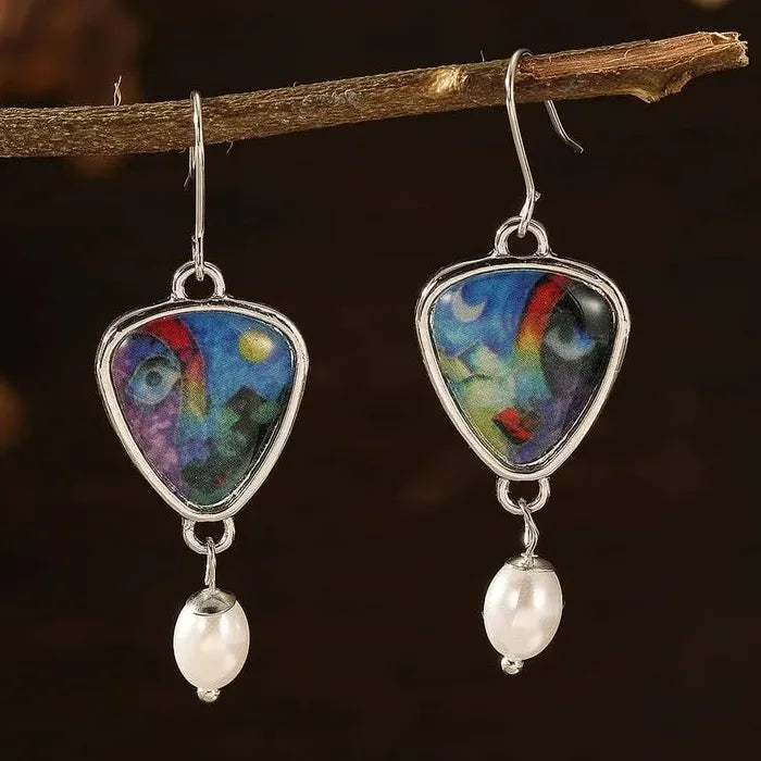 Vintage Geometric Antique Silver Resin Drop Earrings with Imitation Pearl Pendant Gift