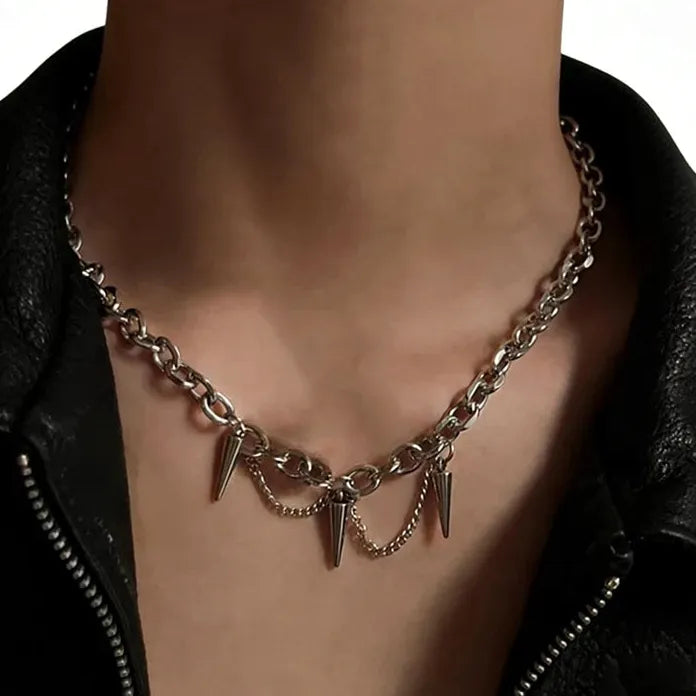 Punk Gothic Silver Cone Pendant Necklace Featuring Tassel Chain for Women