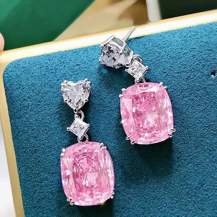 Luxury Bright Pink Geometric CZ Drop Earrings Bridal Wedding Jewelry