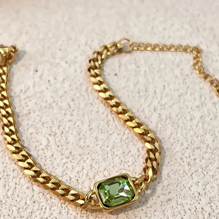 Punk Green Square CZ Zircon Thick Chain Bracelet Women Stainless Steel Durable Waterproof