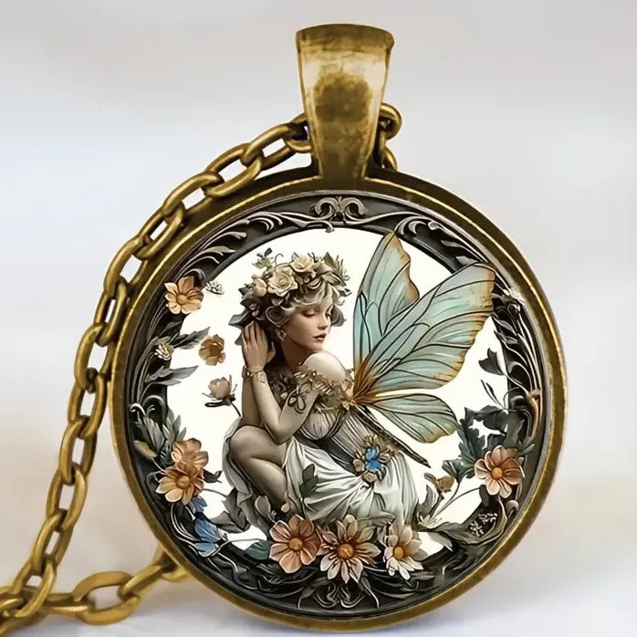 Vintage Round Butterfly Fairy Glass Dome Pendant Necklace Gift Zinc Alloy