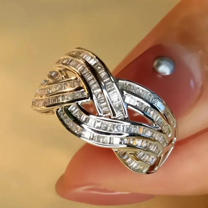 Wave Cross Geometric Cubic Zirconia Ring for Women Silver Brass Jewelry
