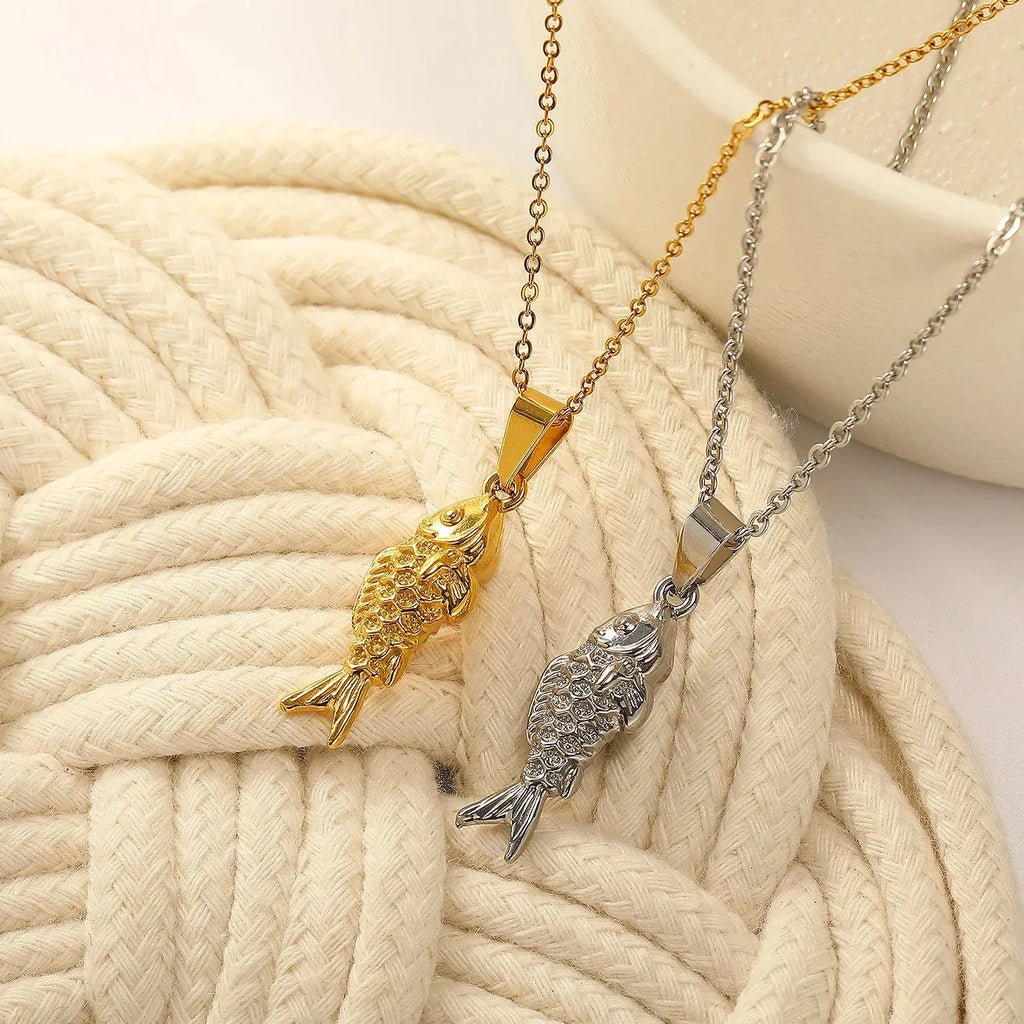 18K Gold Plated Stainless Steel Lava Texture Small Fish Choker Necklace Women Jewelry