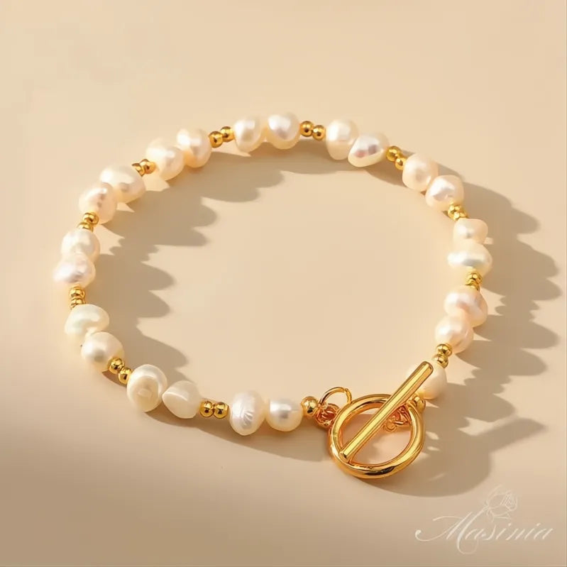 Freshwater Pearl Gold Plated Beaded Bracelet Women Link Chain