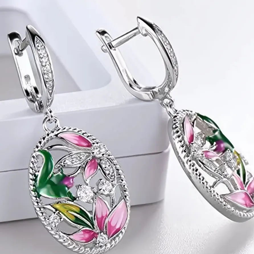 Geometric Floral Cubic Zirconia Dangle Earrings for Women Wedding Gift