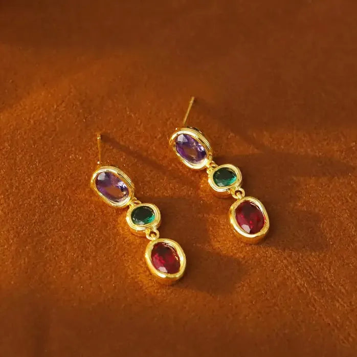 Classic Colorful Zircon Oval Drop Earrings for Women Vintage Style Jewelry