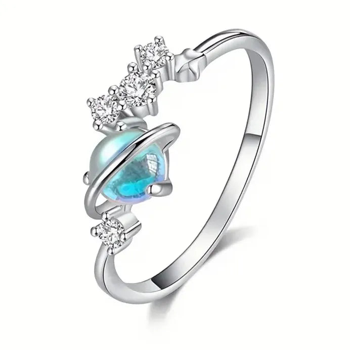 Romantic Planet Brass Wedding Band with Imitation Moonstone & CZ Ring