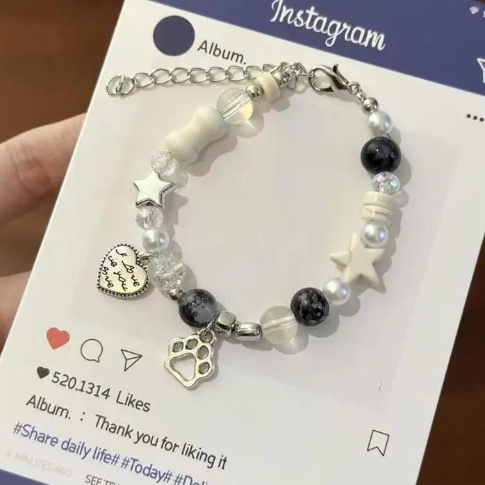 Adjustable Heart Star Cat Paw Bone Beaded Charm Bracelet for Women Gift