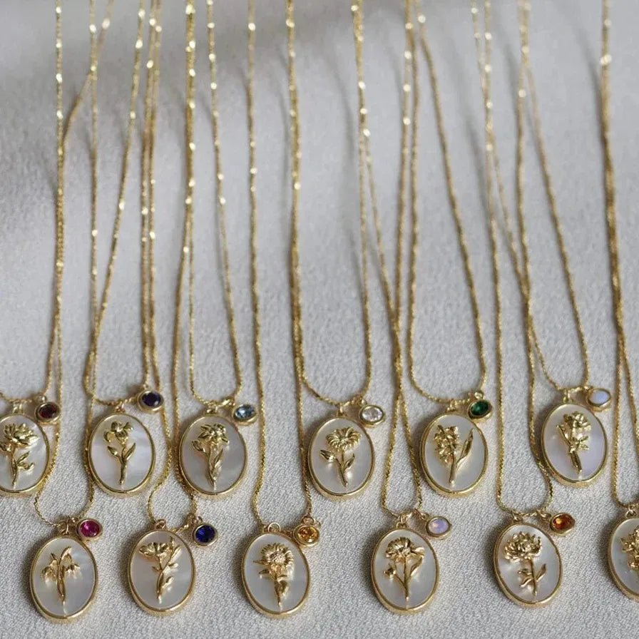 12 Month Birthday Flower Pendant Necklace Stainless Steel White Shell Choker Jewelry