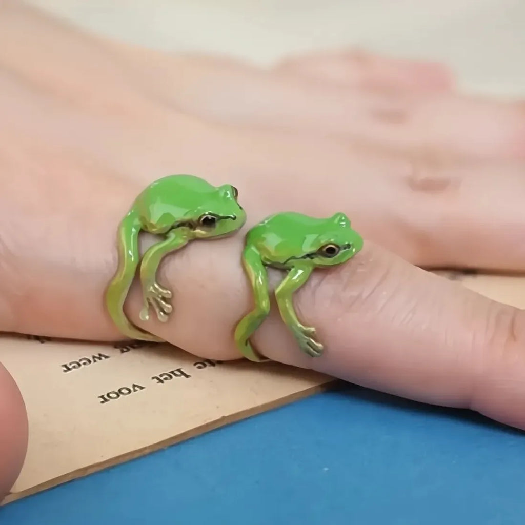 Adjustable Green Enamel Frog Ring for Women Zinc Alloy Animal Jewelry Gift