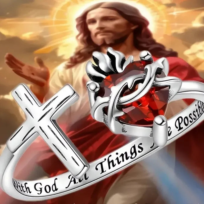 Adjustable Women’s Silver Cross Ring with Red Heart CZ Stone