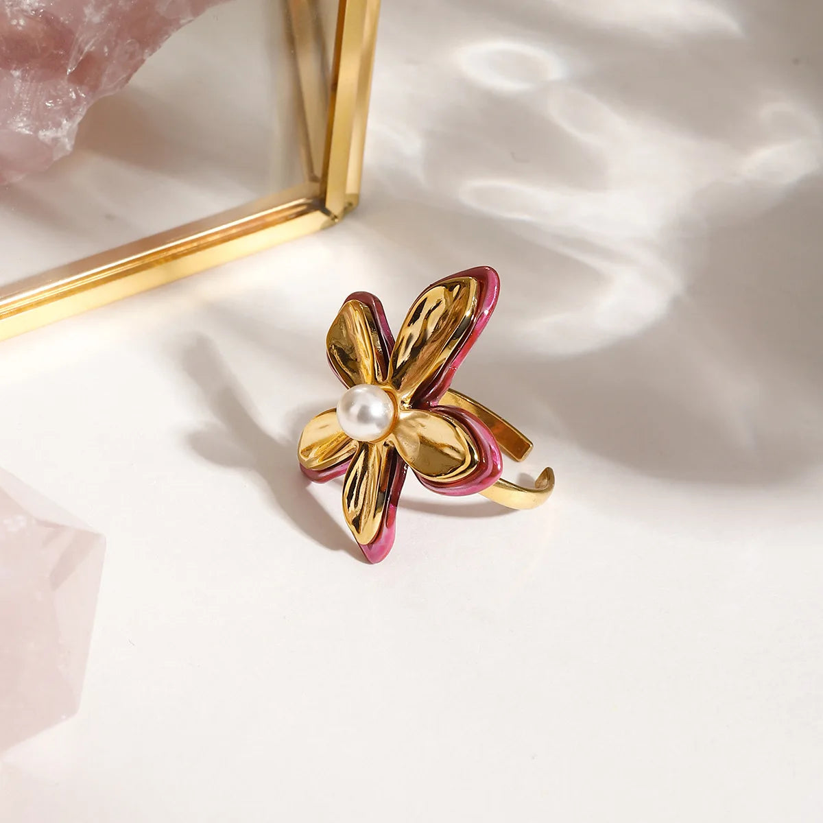 18K Gold Plated Two-Color Flower Pearl Open Ring Stainless Steel Stackable Jewelry