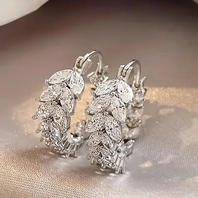 Geometric Hoop Earrings with Leaf Cubic Zirconia Copper Alloy for Women