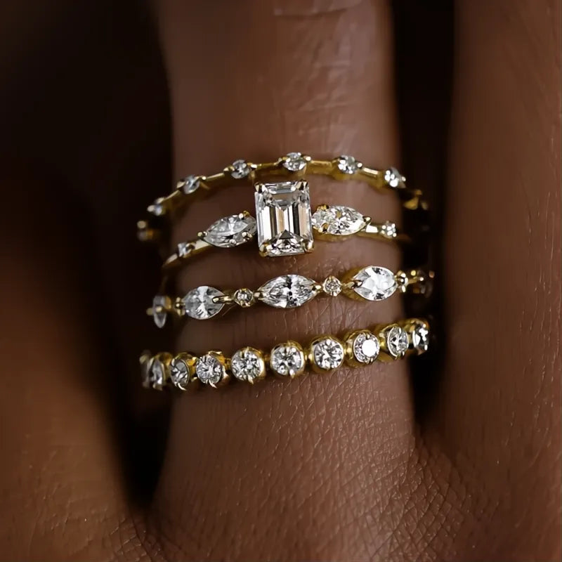 4Pcs Gold Color Cubic Zirconia Rings for Women Wedding Set Geometric Bridal Jewelry
