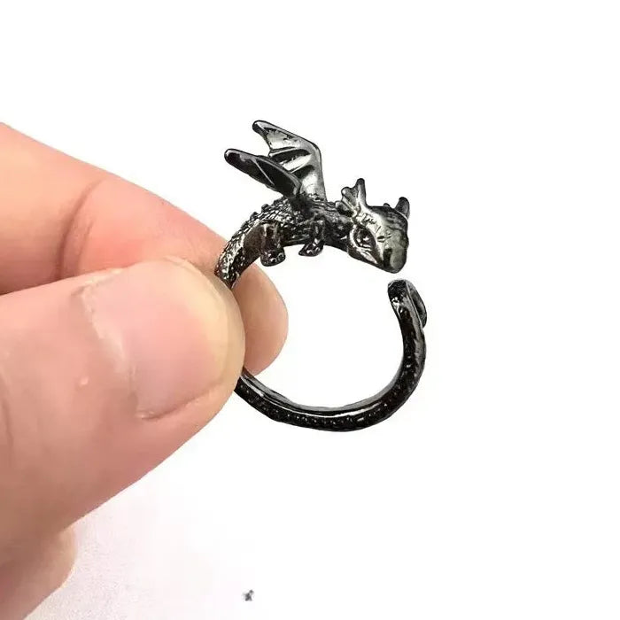Gothic Punk Dragon Ring Featuring Pterosaur Wings Adjustable for Men Women