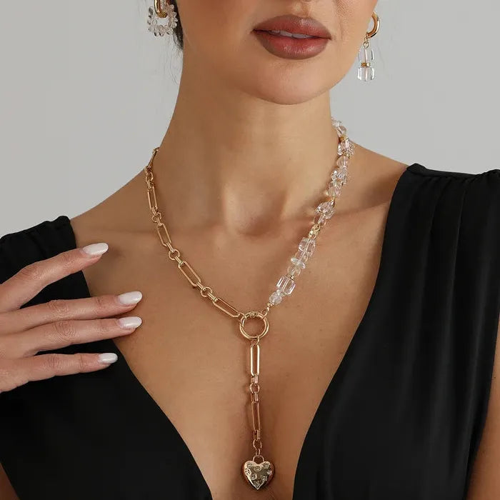 Crystal Heart Zinc Alloy Pendant Necklace & Earrings Set for Women