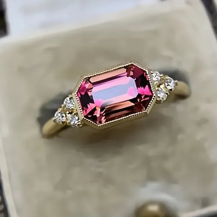 Geometric Gold Color Red Cubic Zirconia Wedding Band Ring for Women Gift