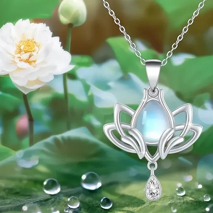 Lotus Pendant Necklace with Imitation Moonstone and Cubic Zirconia Charm