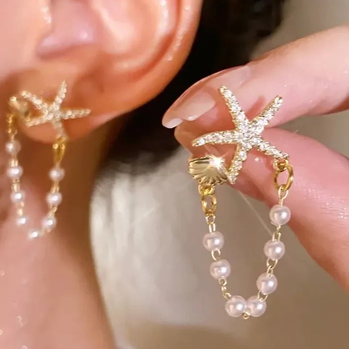 Starfish Shell Pearl Drop Earrings Zinc Alloy Bohemian Beach Jewelry Gift